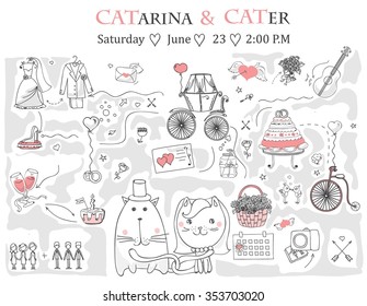 Doodle line design of web banner template with outline cartoon wedding icons. 