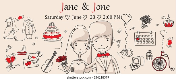 Doodle line design of web banner template with outline cartoon wedding icons. 