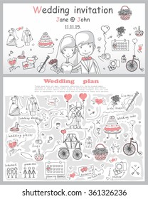 Doodle line design of web banner template with outline cartoon wedding icons. 