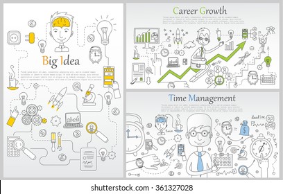 Doodle line design of web banner templates with outline icons of time management, career growth,big idea, creative thinking. Modern vector illustration concept for website or infographics.