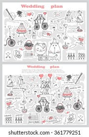 Doodle line design of web banner template with outline cartoon wedding icons. 