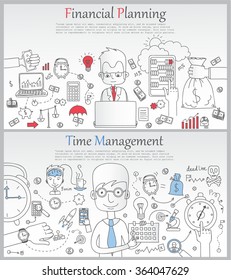 Doodle line design of web banner templates with outline icons of time management, career growth,big idea, creative thinking. Modern vector illustration concept for website or infographics.