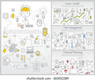 Doodle line design of web banner templates with outline icons of time management, career growth,big idea, finance planning, creative thinking.Vector illustration concept for website or infographics.

