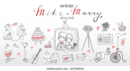 Doodle line design of web banner template with outline cartoon wedding icons. 