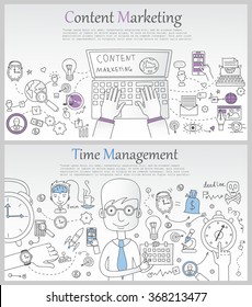 Doodle line design of web banner templates with outline icons of time management, creative thinking and content marketing.Vector illustration concept for website or infographics.