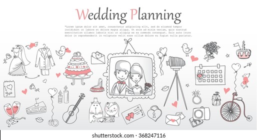 Doodle line design of web banner template with outline cartoon wedding icons. Wedding Planner Icons, Infographics and invitation.