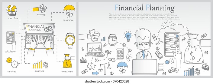 Doodle line design of web banner templates with outline icons of time management,  finance planning, creative thinking.Vector illustration concept for website or infographics.  