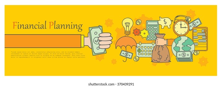 Doodle line design of web banner templates with outline icons of time management,  finance planning, creative thinking.Vector illustration concept for website or infographics. 