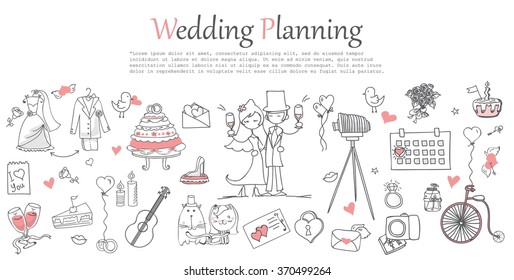 Doodle line design of web banner template with outline cartoon wedding icons.