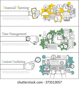 Doodle Line Design Of Web Banner Templates With Outline Icons Of Time Management, Content Marketing,big Idea, Finance Planning.Vector Illustration Concept For Website Or Infographics. 