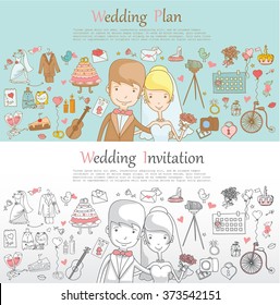Doodle line design of web banner template with outline cartoon wedding icons. 