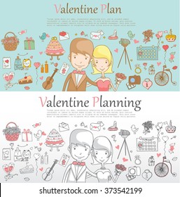 Doodle line design of web banner template with outline cartoon valentine icons. 