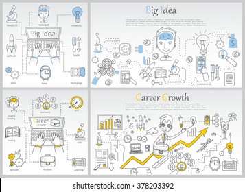 Doodle line design of web banner templates with outline icons of career growth,big idea, creative thinking. Modern vector illustration concept for website or infographics.