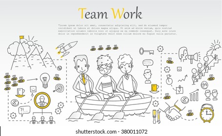 Doodle line design of web banner templates with outline icons of team work.Vector illustration concept for website or infographics. 