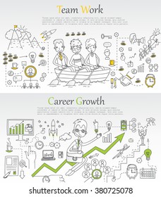 Doodle line design of web banner templates with outline icons of  career growth, team work.Vector illustration concept for website or infographics. 