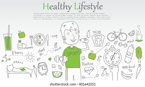 Doodle line design of web banner templates with outline icons of Healthy lifestyle.Healthy lifestyle concept for website or infographics. 