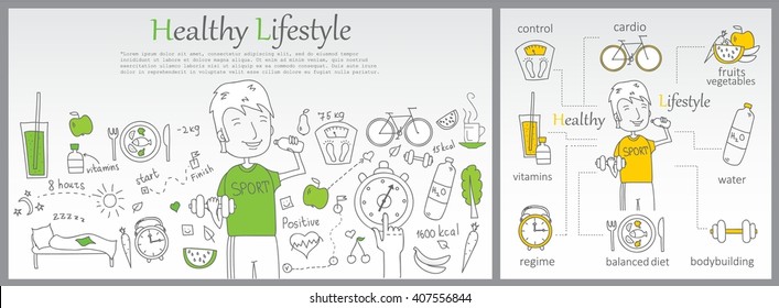 Doodle line design of web banner templates with outline icons of Healthy lifestyle.Healthy lifestyle concept for website or infographics. Line style vector illustration design concept of lifestyle. 