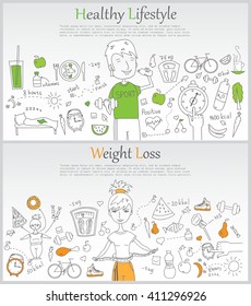 Doodle line design of web banner templates with outline icons of Healthy lifestyle and Weight loss. 