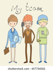 Doodle line design of web banner templates with outline icons of team .