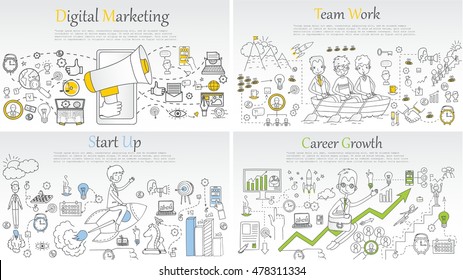 Doodle Line Design Of Web Banner Templates With Outline Icons Of Start Up, Digital Marketing, Team Work, Career Growth,.Vector Illustration Concept For Website Or Infographics. 