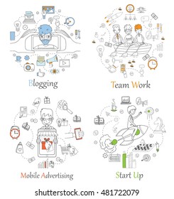 Doodle line design of web banner templates with outline icons of start up, blogging, mobile advertising team work.Vector illustration concept for website or infographics. 