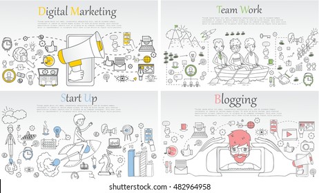 Doodle line design of web banner templates with outline icons of start up, digital marketing, team work, blogging.Vector illustration concept for website or infographics. 