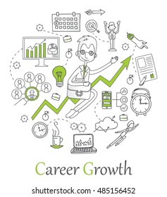 Doodle line design of web banner templates with outline icons of career growth.Vector illustration concept for website or infographics. 