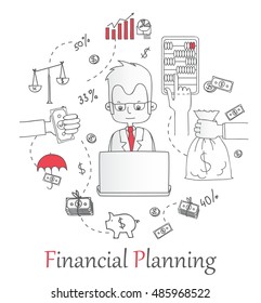 Doodle line design of web banner templates with outline icons of financial planning