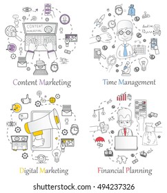 Doodle line design of web banner templates with outline icons of content marketing, time management, digital marketing, financial planning