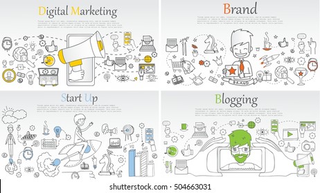 Doodle line design of web banner templates with outline icons of blogging, digital marketing, start up and branding.Vector illustration concept for website or infographics. 