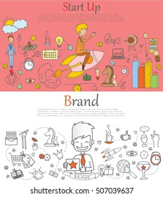 Doodle line design of web banner templates with outline icons of brand and start up