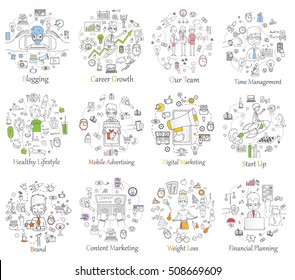 Doodle line design of web banner templates with outline icons of start up,digital marketing, mobile advertising team work, career growth and time management, brand
