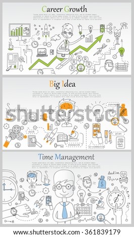 Doodle line design of web banner templates with outline icons of time management, career growth,big idea, creative thinking. Modern vector illustration concept for website or infographics.