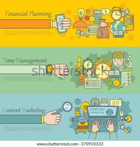 Doodle line design of web banner templates with outline icons of time management, career growth,big idea,  content marketing. Modern vector illustration concept for website or info graphics