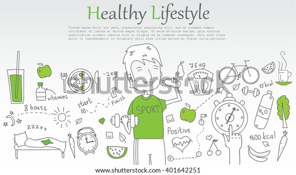Doodle line design of web banner templates with outline icons of Healthy lifestyle.Healthy lifestyle concept for website or infographics. 