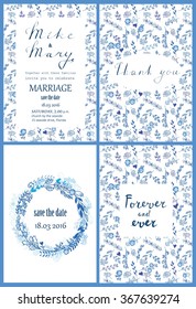 Doodle line design of wedding invitation, cards with floral elements and lettering