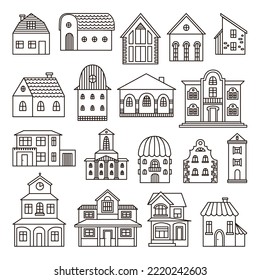 Doodle Line Different Houses. Hand Drawn House, Cute Simple Scandinavian Architect Buildings. Small Village Home, Neoteric Rustic Architecture Set