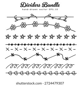 Colección de borde dibujado a mano del Paquete del divisor de línea de Doodle. Ilustración vectorial