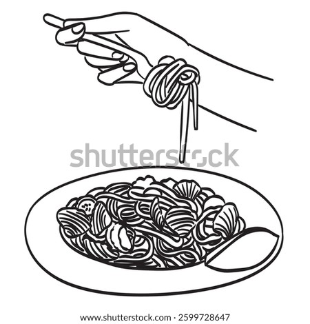 Doodle line drawing of delicious spaghetti with fork. Italian seafood pasta noodle restaurant concept for cafe, shop or food delivery service in ink hand drawn style isolated on white background.