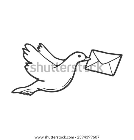 Doodle line drawing of a flying carrier pigeon carrying mail.