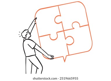 Doodle line drawing of man connecting jigsaw puzzle together. Personal mind and skill capacity and potential. Logical thinking and imagination process concept in line doodle style.