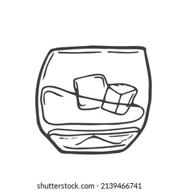 Doodle line drawing of whiskey in glass with ice cubes. Bar and restaurant concept minimalist design for logo isolated on white background. Vector illustration