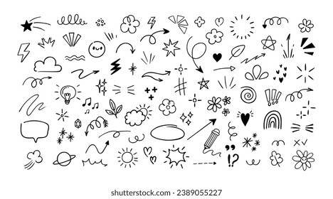 Elementos de la línea de dibujo. Decoración de diseño de bolígrafo dibujado a mano. Símbolos de dibujos animados sencillos: corazón, flecha, brillo, estrella, brillo, flores, aislado en conjunto de vectores de fondo blanco. Objetos florales