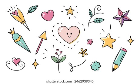 Doodle line elements. Hand drawn pen design decorations. Simple sketch symbols heart, arrow, sparkle, star, glitter, flowers, isolated on white background vector set