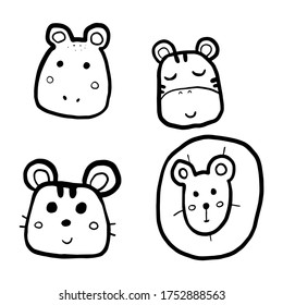 Doodle line face of animals. Hand drawn cute kid art on white background. Vector illustration about education for children or decoration for any design.