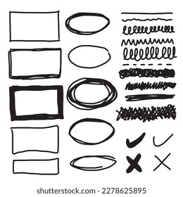 Doodle line and frame vector. Set of simple doodle lines, check mark and circle. 