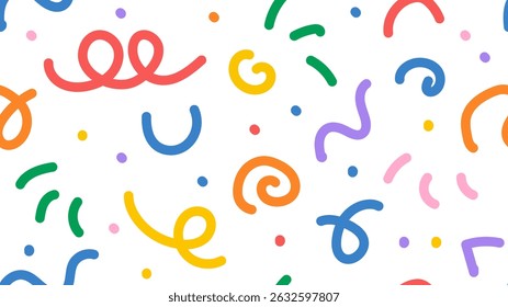 Doodle line fun seamless pattern. Abstract party pop art design. Simple children confetti texture, childish confetti element