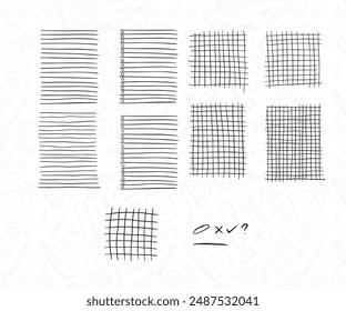 doodle line grid and notebook stripe line grid hand drawing collection with check mark, underline, circle stroke, question mark symbol and check list