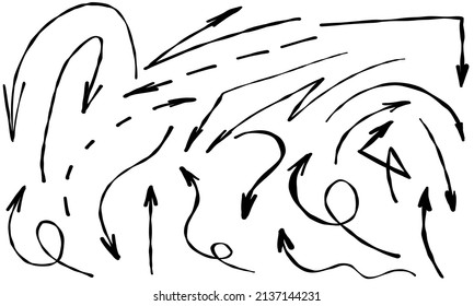 Doodle line hand drawn curved arrows isolated. Sketch set cute isolated black collection for office.