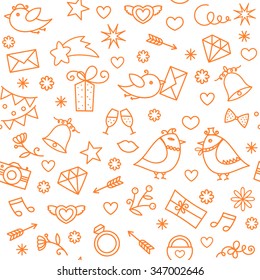 Doodle line hand drawn symbols set. Vector seamless pattern for wedding, valentines day, engagement, baby birthday, celebration party, events. Romantic hearts, arrows, gift box, birds, flowers, stars.